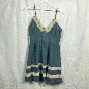 Baevel Womens Sundress Blue L  Baby Doll Lace V-neck Tier Ruffles Swiss Dot NWOT